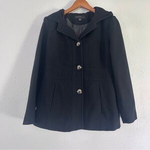 Jason Kole Black Hooded Pea Coat Classic Wool Blend Basic Fall Winter Medium